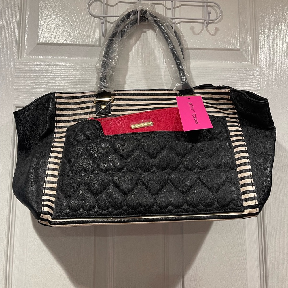 Betsey Johnson Quilted Heart Pocket Striped Tote Bag with Removable Pouch